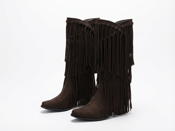 Santiag mi-haute marron foncé Simili Cuir Femme - Style rétro aux longues franges dynamiques
