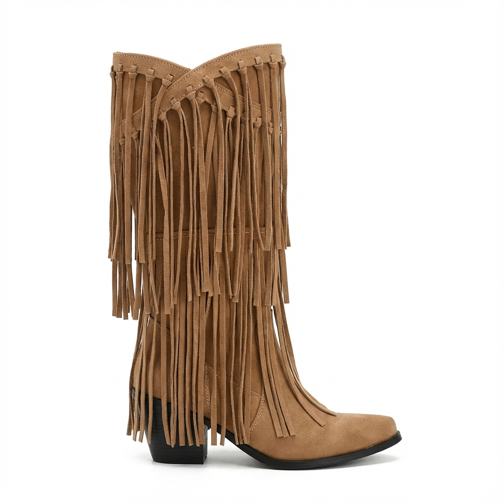 Santiag mi-haute camel Daim Synthétique Femme - Franges longues pour un style western 3
