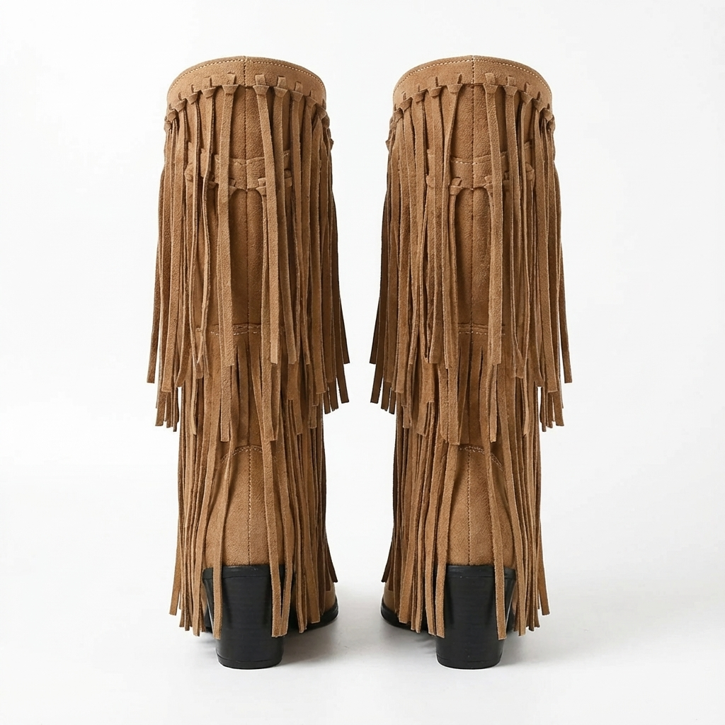 Santiag mi-haute camel Daim Synthétique Femme - Franges longues pour un style western 4
