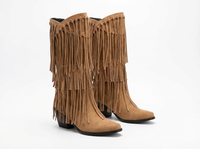 Santiag mi-haute camel Daim Synthétique Femme - Franges longues pour un style western 1