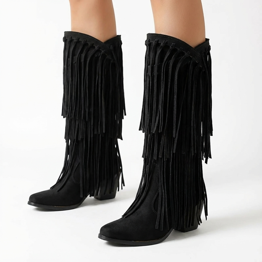 Santiag mi-haute noir Simili Cuir Femme - Franges longues pour un style bohème