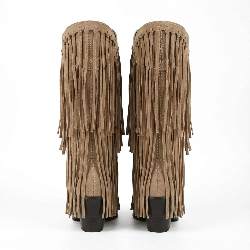 Santiag haute marron clair Daim Synthétique Femme - Franges longues et texture douce bohème 3