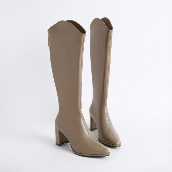 Santiag mi-haute beige Simili Cuir Femme - Bout pointu distinctif et couture visible - three_quarter_view