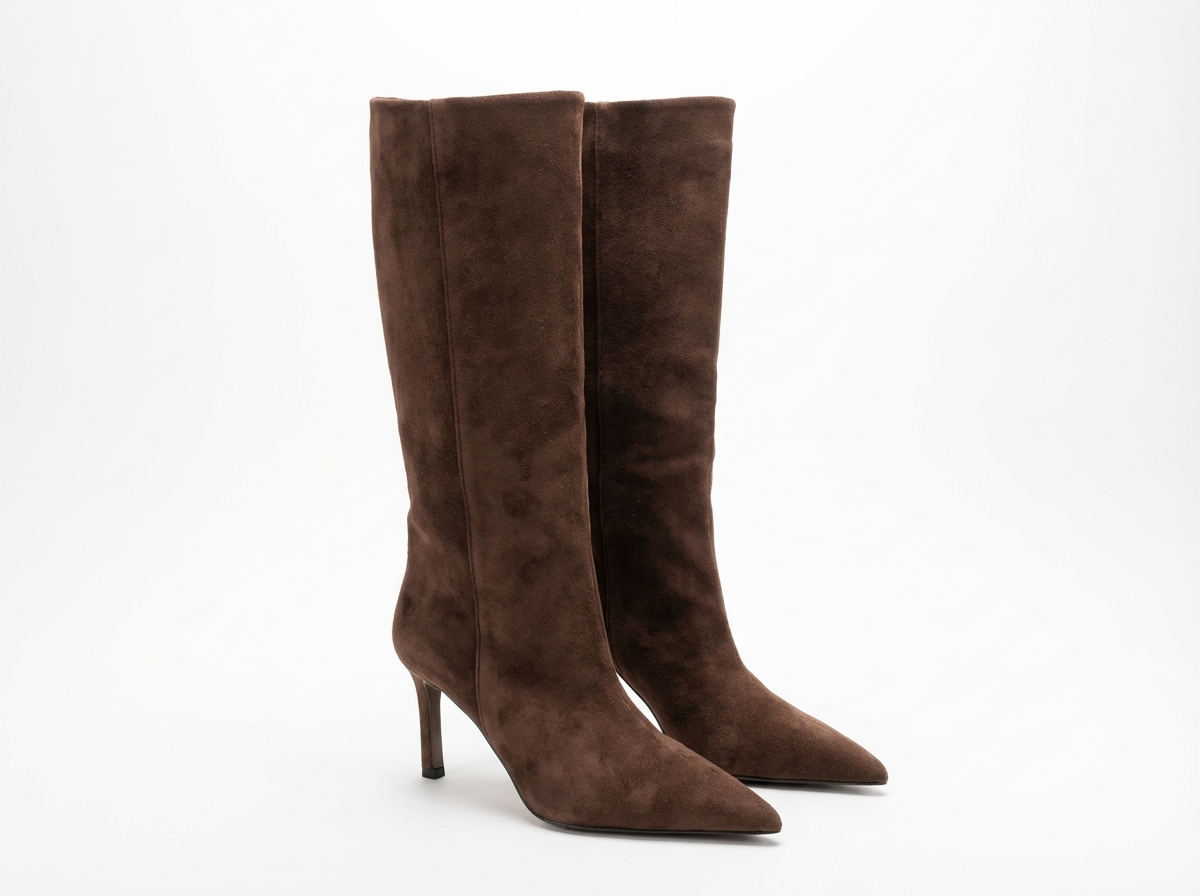 Botte haute marron Daim Femme - Élégance western bout pointu et stiletto