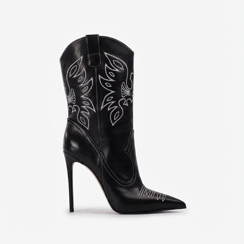 Santiag haute noir Synthétique Femme - Élégantes bottes brodées à talon aiguille 3