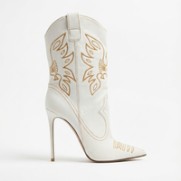Santiag haute blanc Synthétique Femme - Talon aiguille avec broderies florales dorées 2
