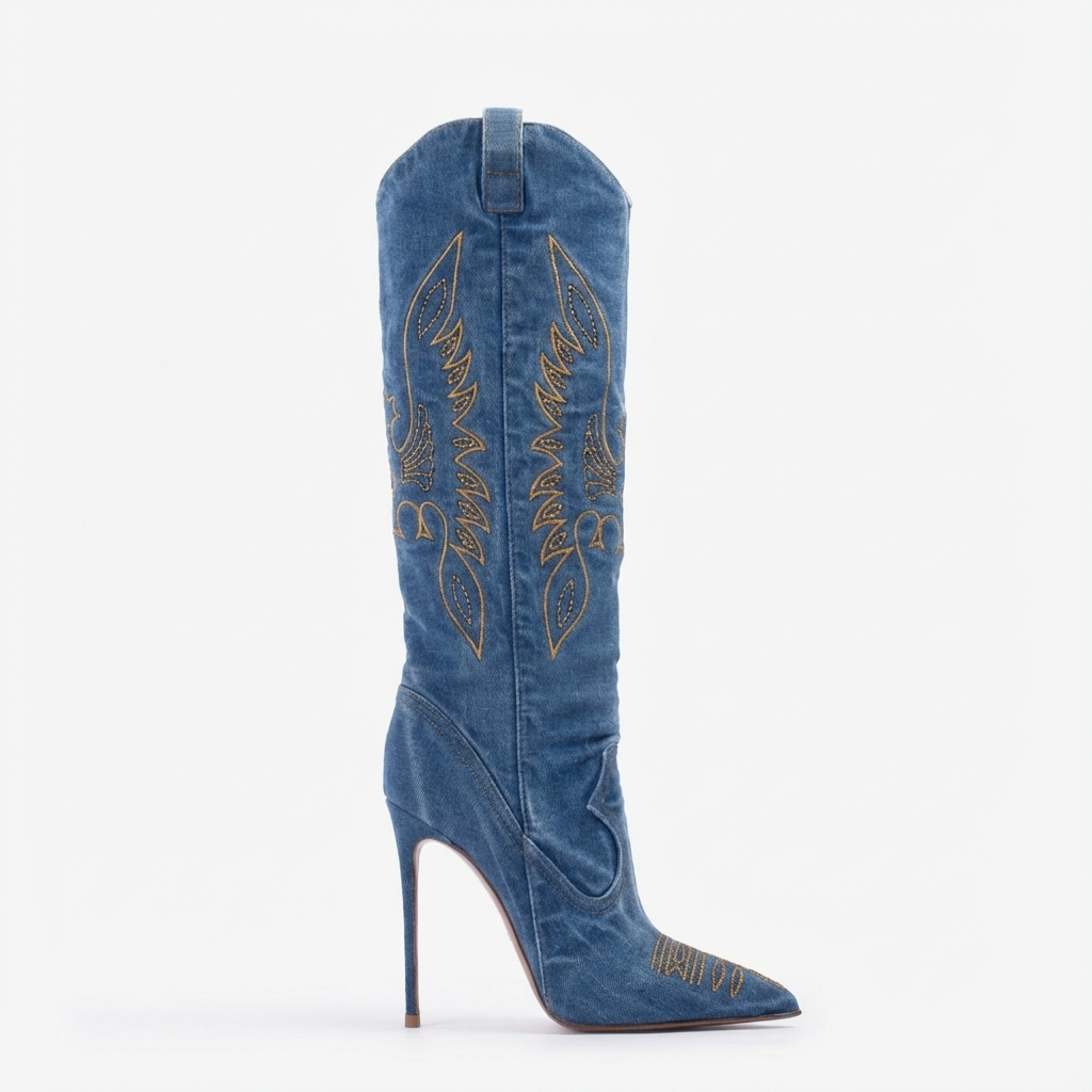 Santiag haute bleu Synthétique Femme - Talons aiguilles et broderies western élégantes 2