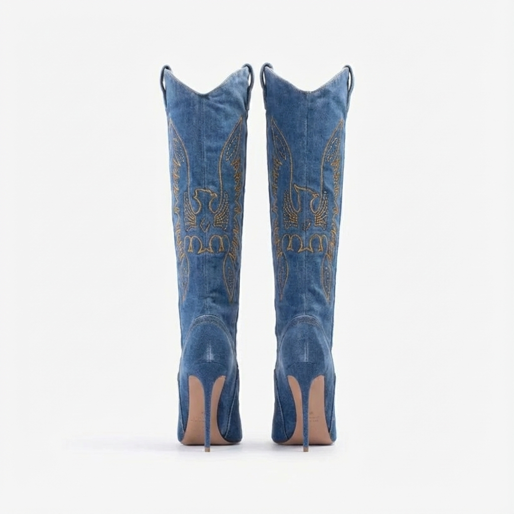 Santiag haute bleu Synthétique Femme - Talons aiguilles et broderies western élégantes 3