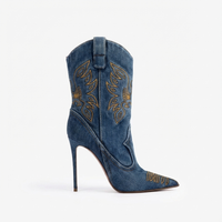 Santiag haute bleu Synthétique Femme - Élégance moderne avec broderies dorées 3