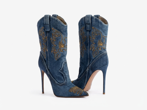 Santiag haute bleu Synthétique Femme - Élégance moderne avec broderies dorées