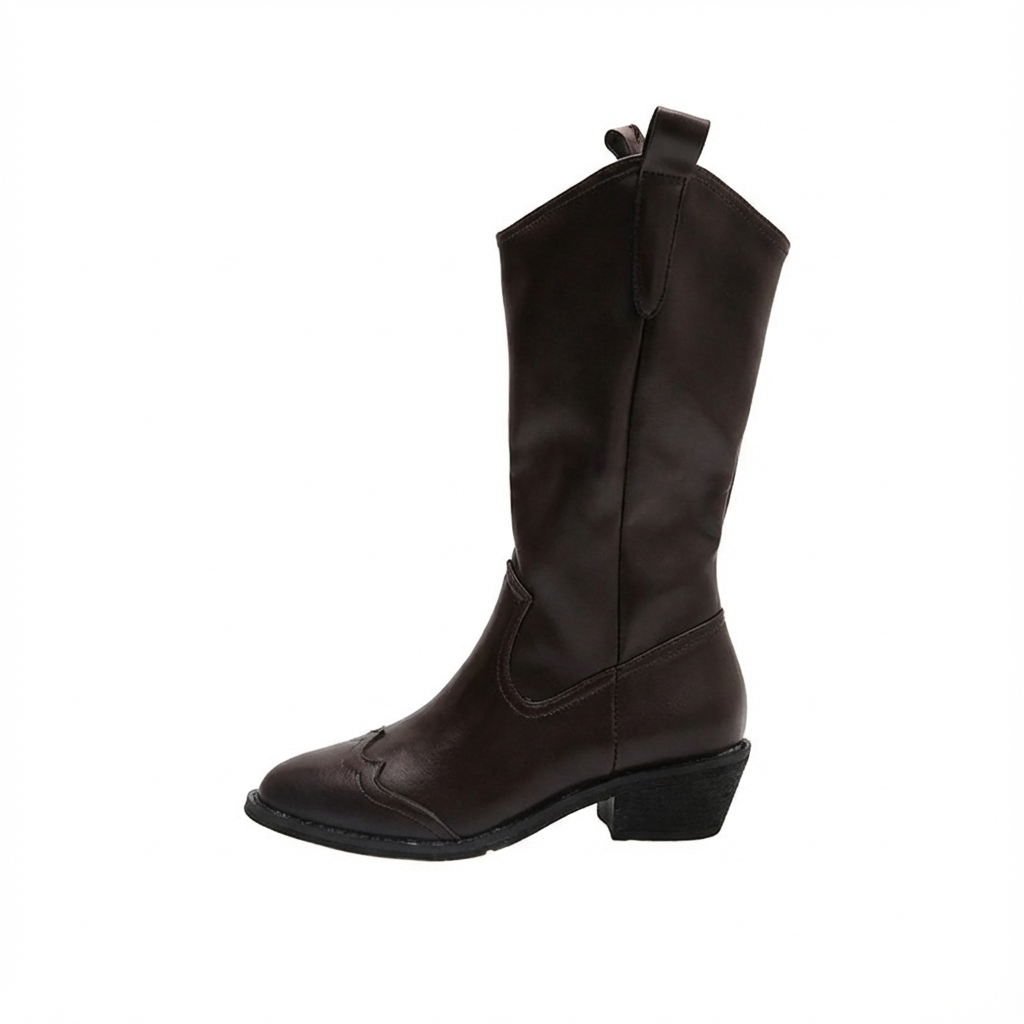 Santiag mi-haute marron foncé Simili Cuir Femme - Style western avec coutures décoratives ondulées 5
