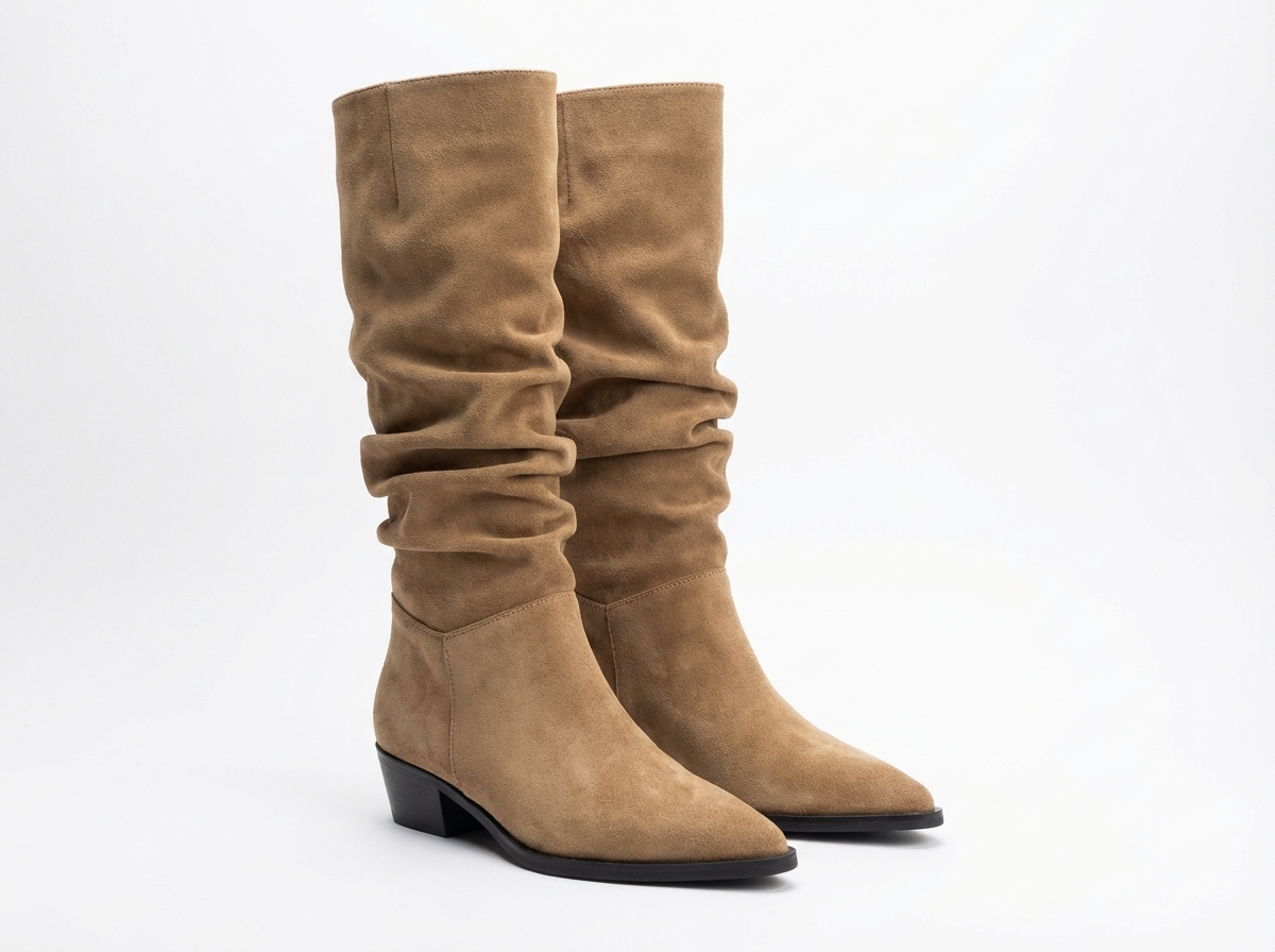 Santiag haute marron clair Daim Femme - Style élancé avec effet plissé élégant