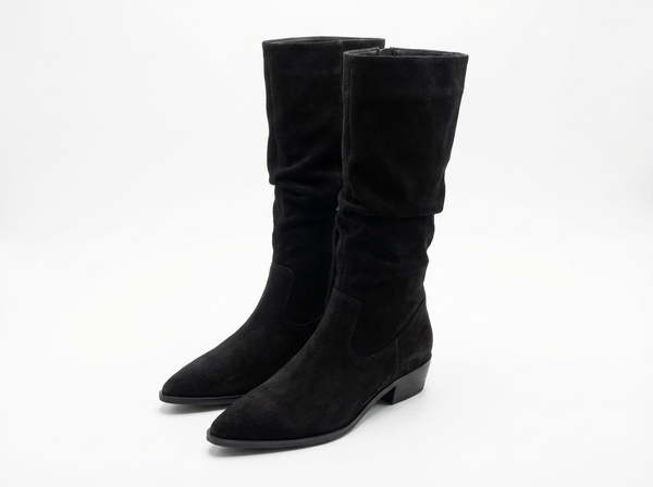 Santiag mi-haute noir Daim Femme - Style épuré avec effet plissé discret