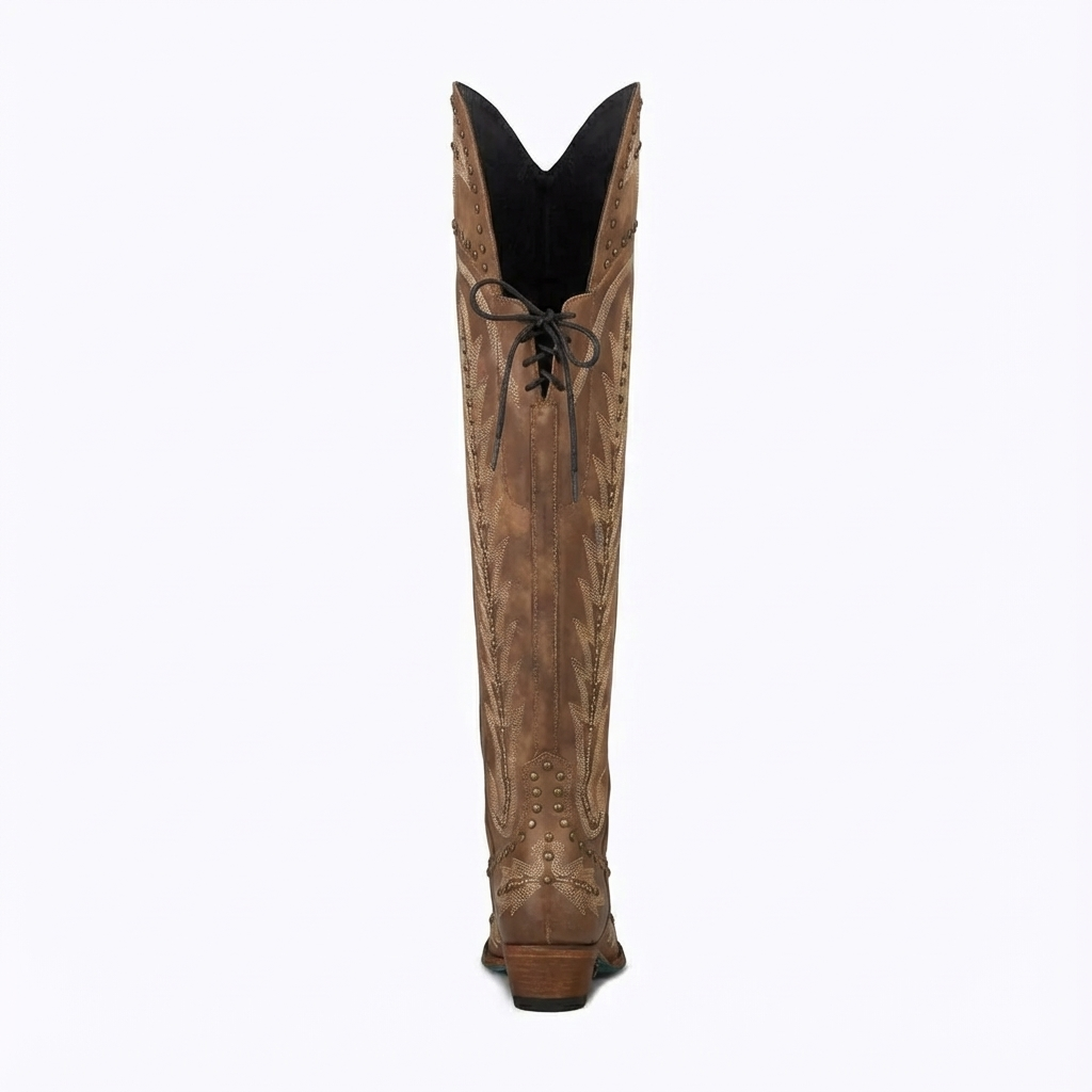 Santiag haute marron Simili Cuir Femme - Style western avec broderies et rivets 3