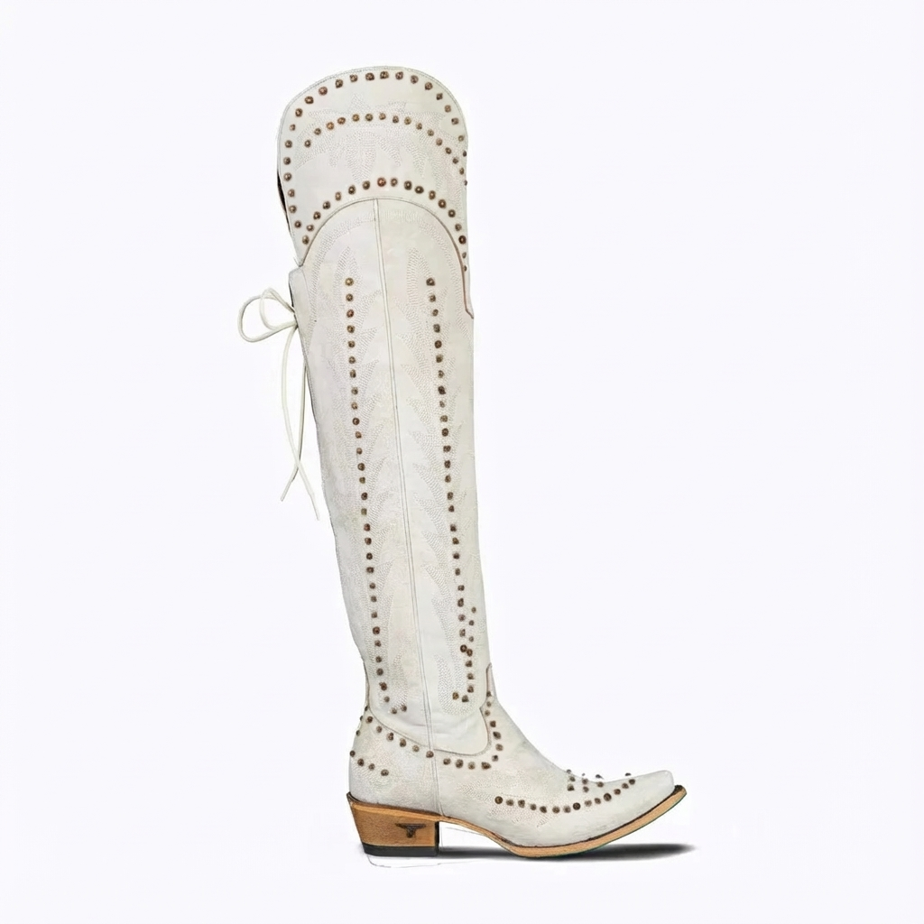 Santiag haute beige PU Femme - Bottes punk avec clous et lacets 3