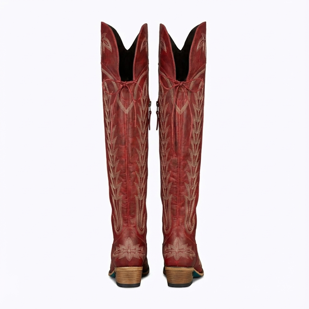 Santiag haute rouge Simili Cuir Femme - Broderies florales rouge, bout pointu 2