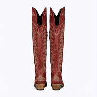 Santiag haute rouge Simili Cuir Femme - Broderies florales rouge, bout pointu 2