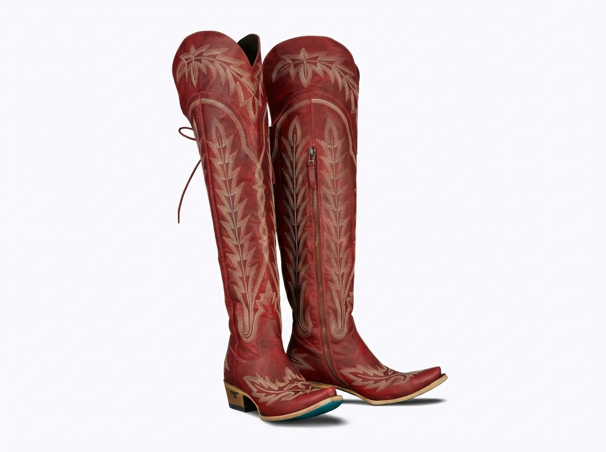Santiag haute rouge Simili Cuir Femme - Broderies florales rouge, bout pointu 3