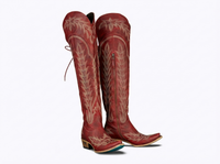 Santiag haute rouge Simili Cuir Femme - Broderies florales rouge, bout pointu 3