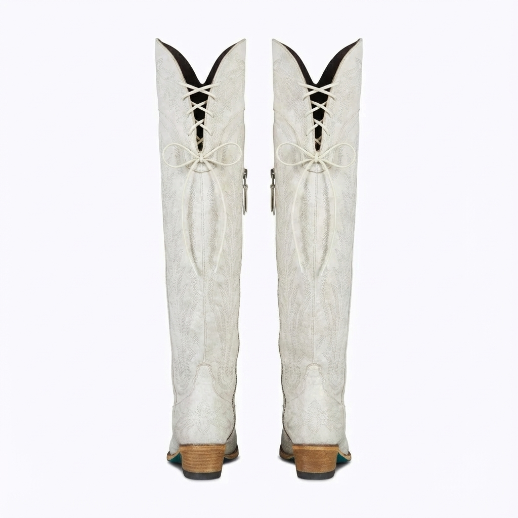 Santiag haute blanc Synthétique Femme - Broderies florales élégantes et talon carré 3