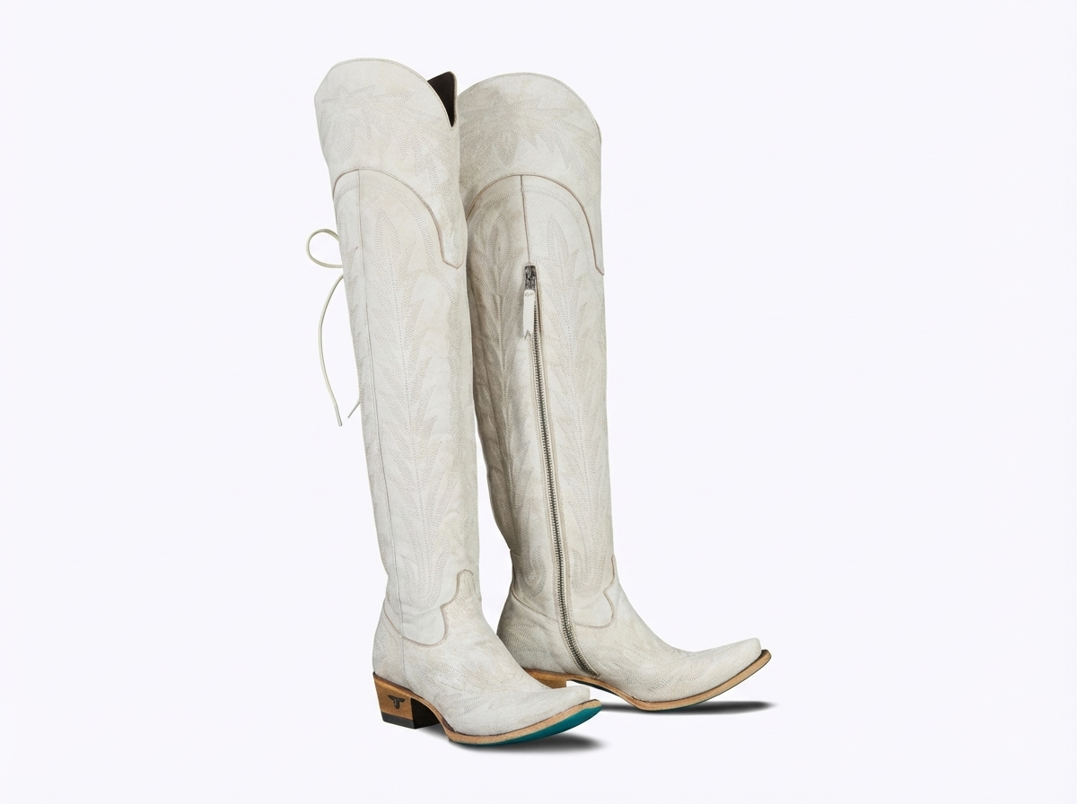 Santiag haute blanc Synthétique Femme - Broderies florales élégantes et talon carré