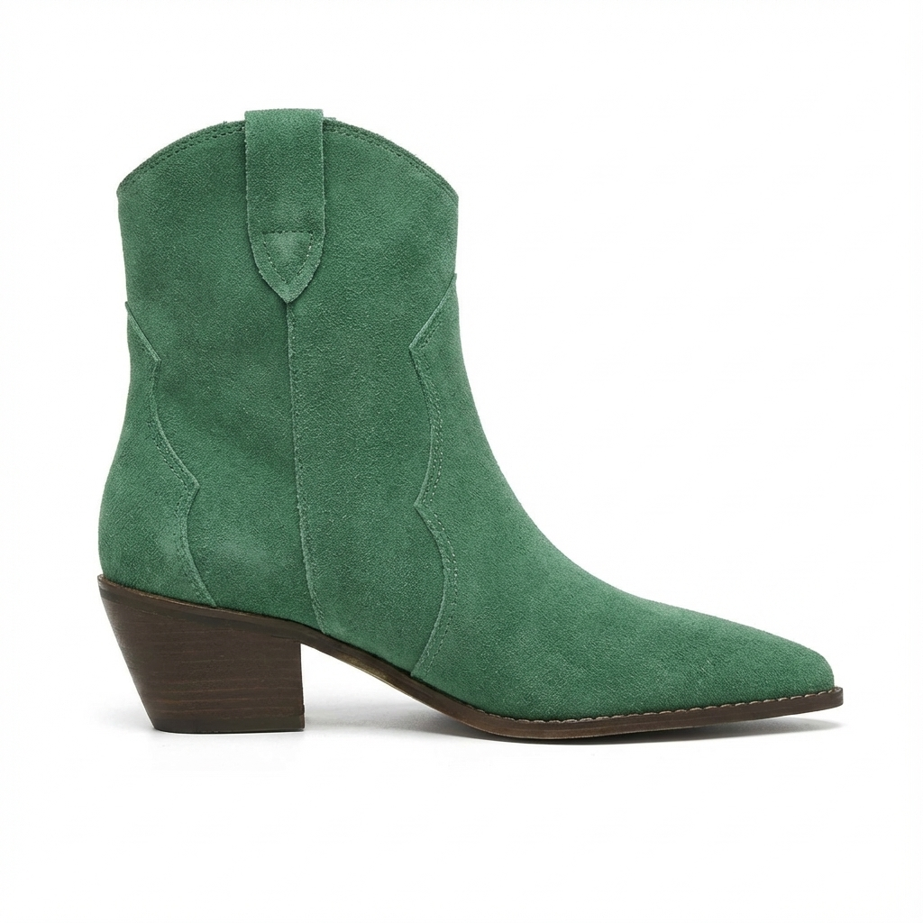 Santiag basse vert Daim Femme - Bout pointu avec coutures western discrètes 2