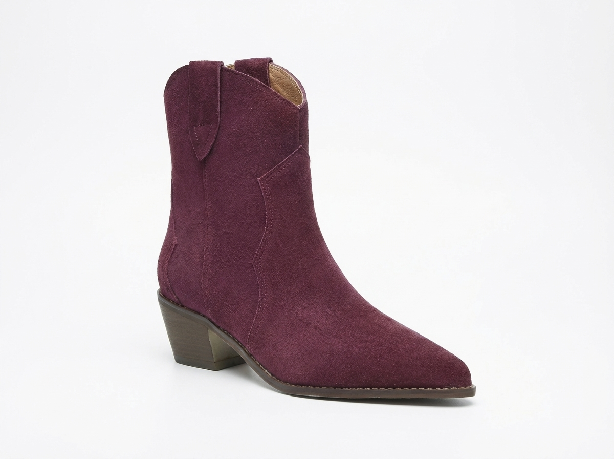 Santiag basse violet Daim Femme - Talon carré stable et bout pointu