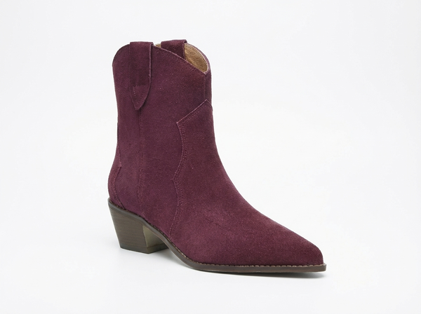 Santiag basse violet Daim Femme - Talon carré stable et bout pointu - three_quarter_view