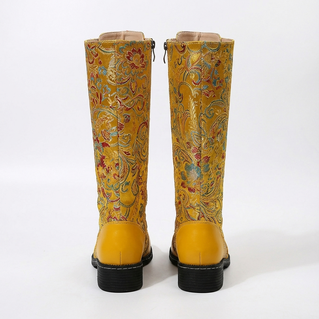 Botte haute jaune Simili Cuir Femme - Santiags jaunes à broderies florales colorées 4