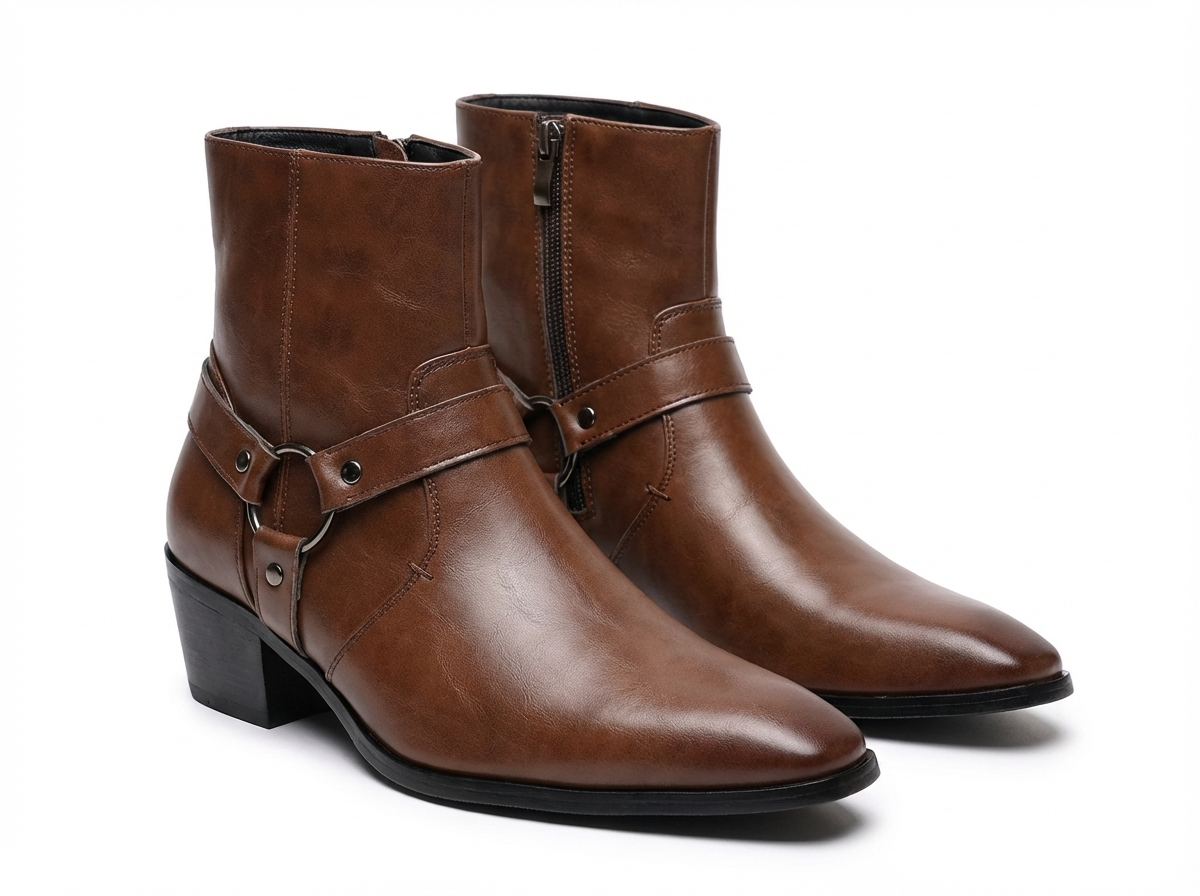 Santiag mi-haute marron Simili Cuir Homme - Bout pointu avec boucle décorative