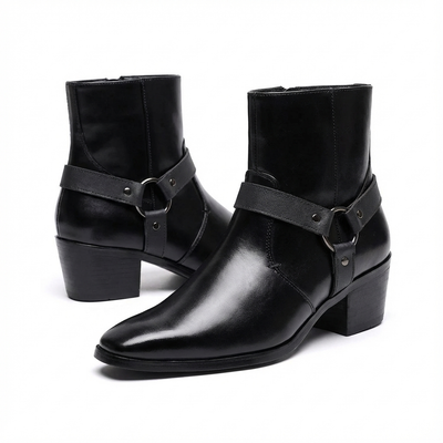 Santiag mi-haute noir Synthétique Homme - Pointues avec sangles et talons carrés - three_quarter_view