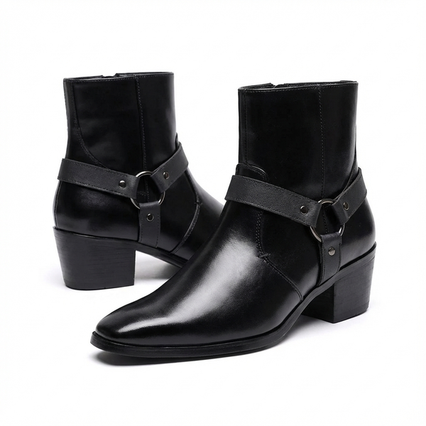 Santiag mi-haute noir Synthétique Homme - Pointues avec sangles et talons carrés