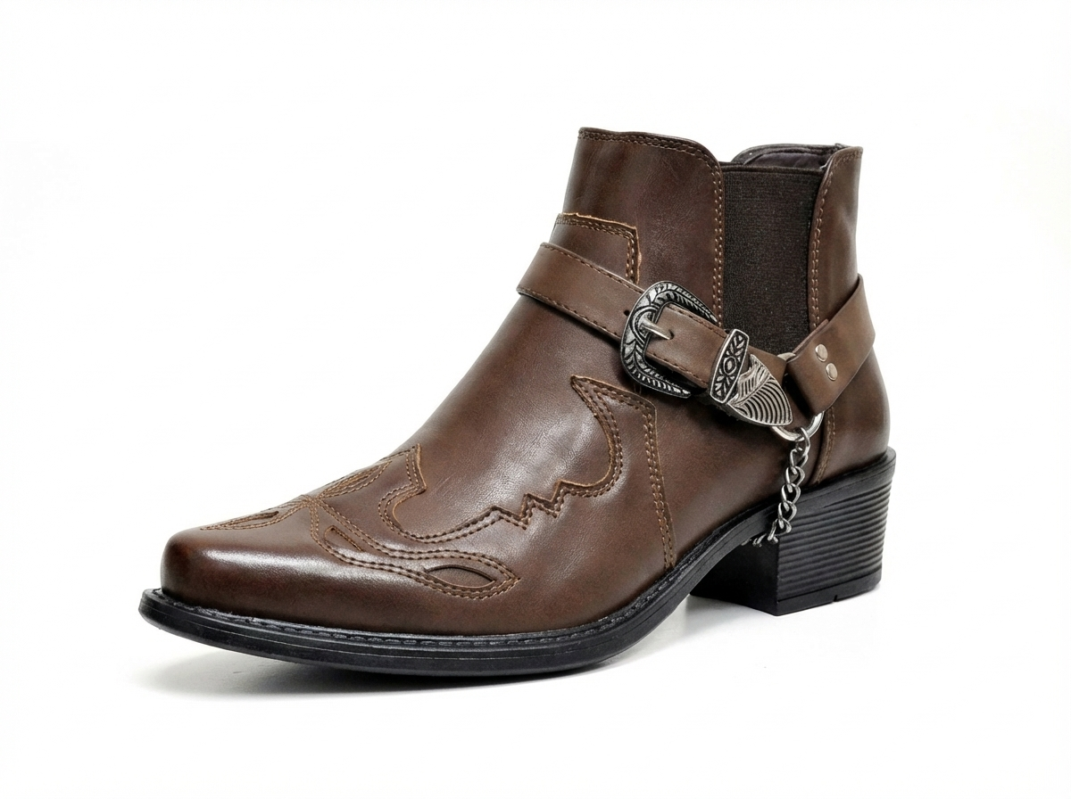 Santiag mi-haute marron Simili Cuir Homme - Bout pointu avec boucle et chaîne