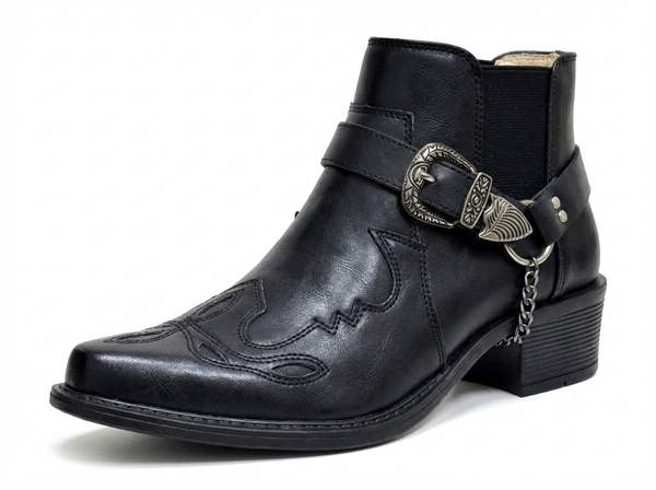 Santiag mi-haute noir Simili Cuir Homme - Bottes brodées avec boucle gravée chic