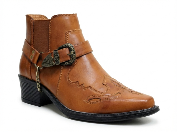 Santiag mi-haute marron Simili Cuir Homme - Bout pointu avec boucle et chaîne