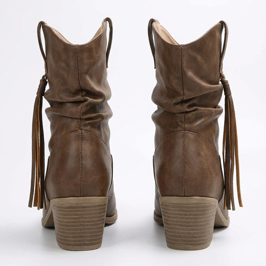 Santiag mi-haute marron Simili Cuir Femme - Franges western et talon carré moderne 7