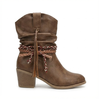 Santiag mi-haute marron Simili Cuir Femme - Design boho avec tresse et corde 2