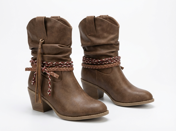 Santiag mi-haute marron Simili Cuir Femme - Design boho avec tresse et corde