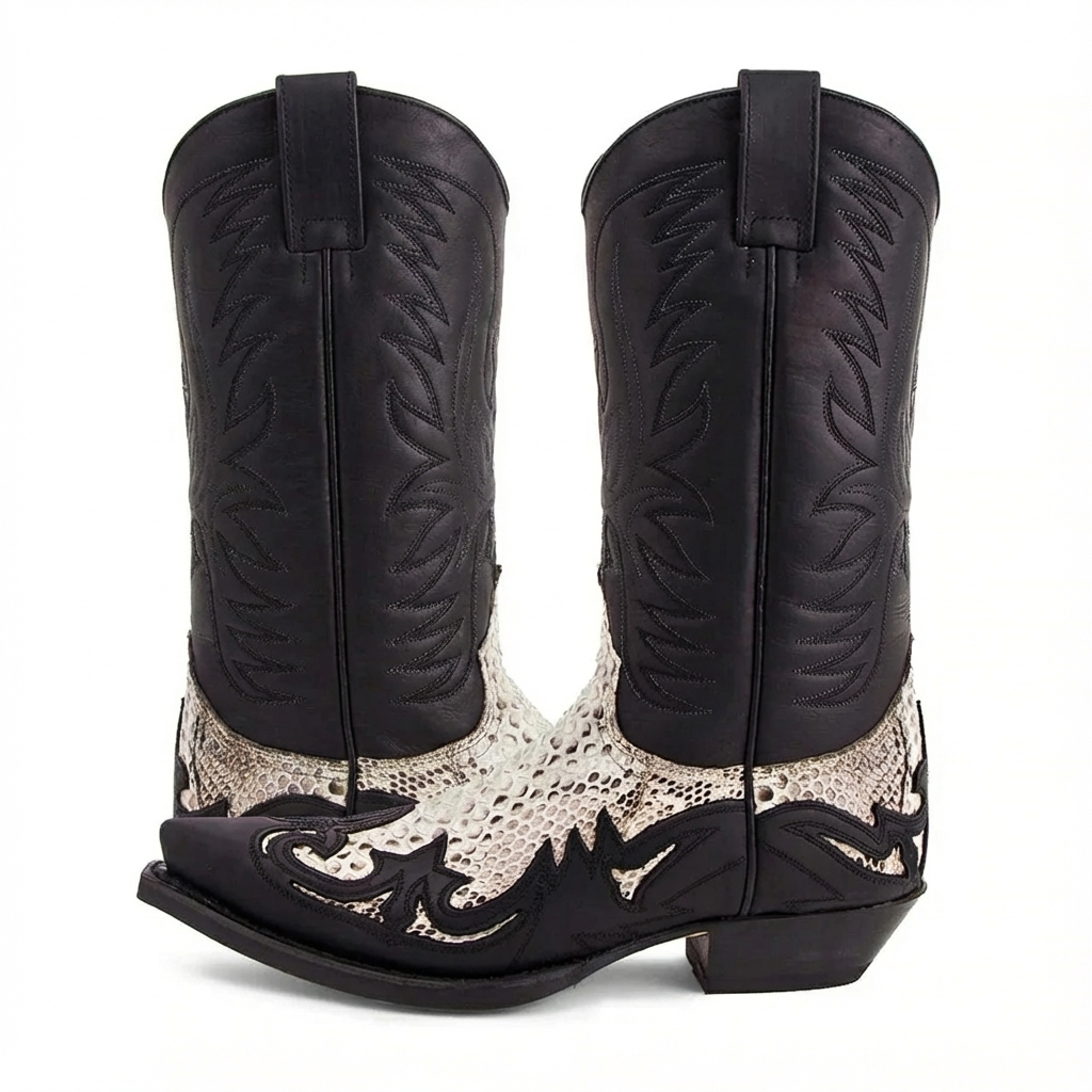 Santiag mi-haute noir Cuir Homme - Motif python avec détails western authentiques 2