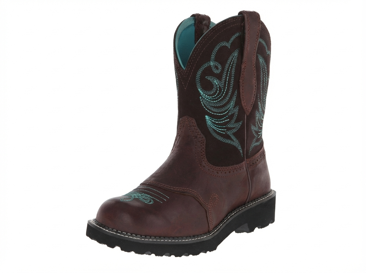 Santiag mi-haute marron foncé Simili Cuir Femme - Broderie turquoise sur fond marron