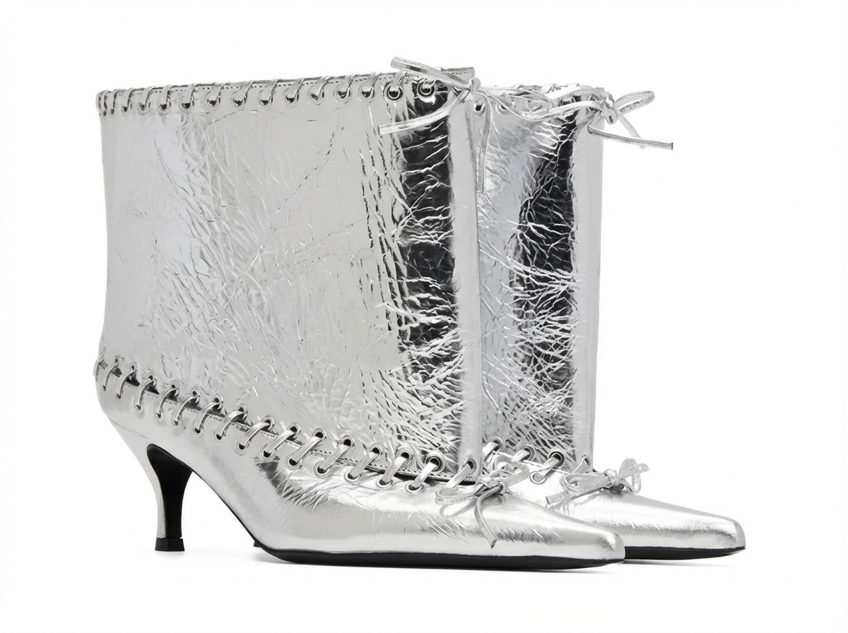 Bottine à talon argenté Synthétique Femme - Santiags argentées à laçage corset