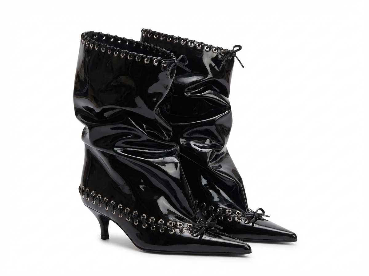 Bottine haute noir Synthétique Femme - Santiags noir verni avec œillets métalliques