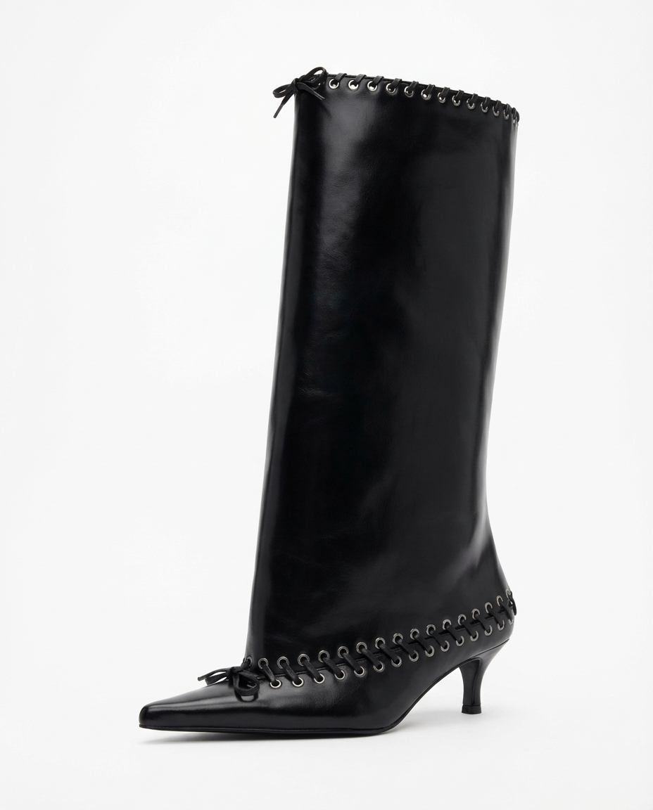 Botte haute noir Synthétique Femme - Santiags noires à lacets élégants