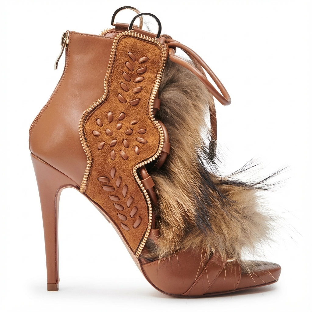 Bottine à talon marron Daim Synthétique Femme - Santiags modernes avec broderies et fourrure