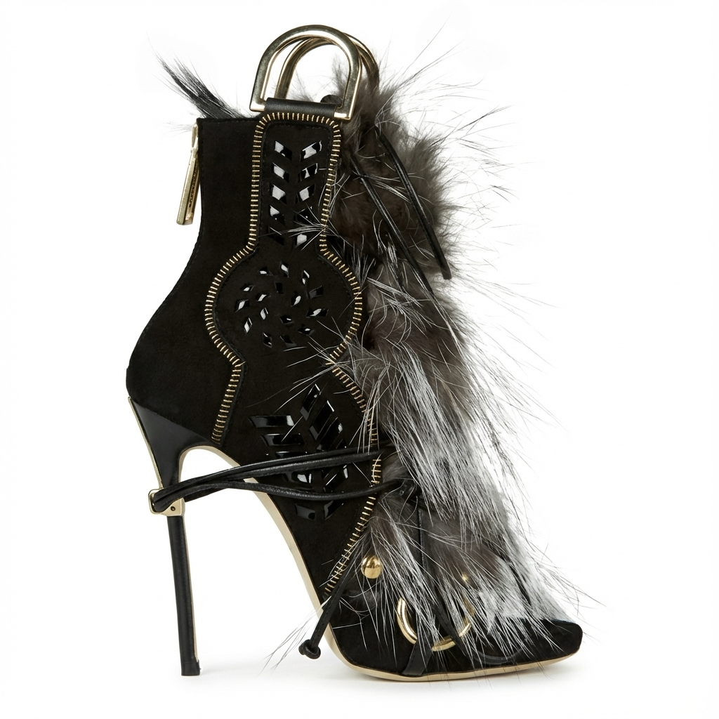 Bottine à talon noir Synthétique Femme - Santiags modernes avec fourrure et talons aiguilles