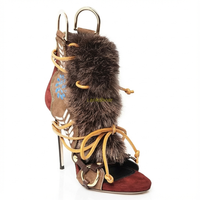 Bottine à talon marron Daim Synthétique Femme - Broderies florales et fourrure luxueuse 1