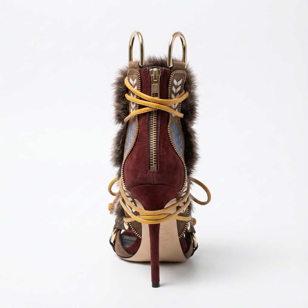 Bottine à talon marron Daim Synthétique Femme - Broderies florales et fourrure luxueuse 2