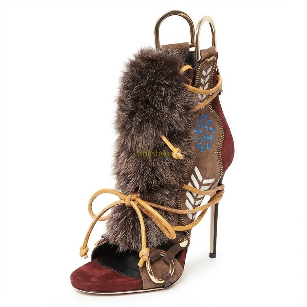Bottine à talon marron Daim Synthétique Femme - Broderies florales et fourrure luxueuse 3