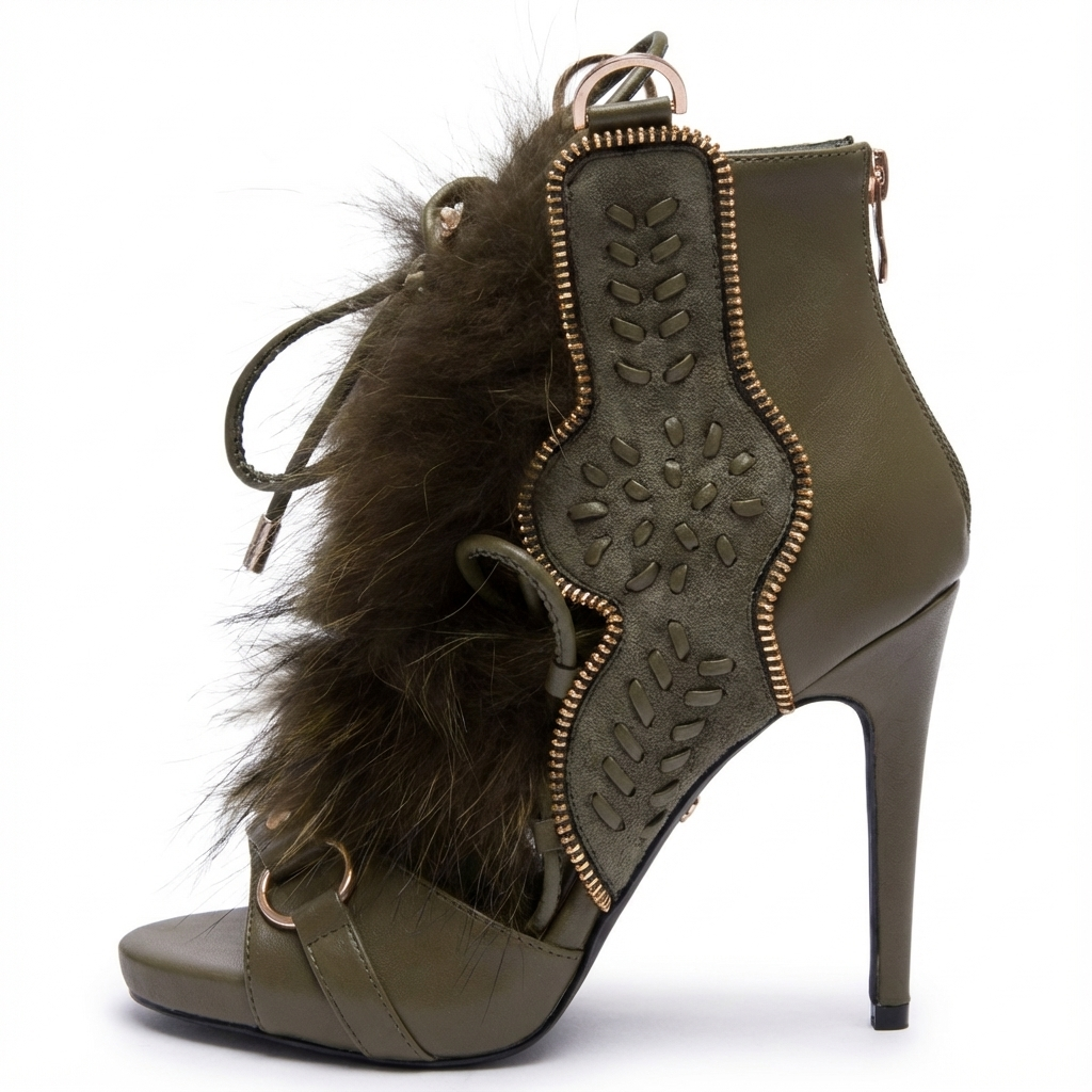 Bottine à talon vert Synthétique Femme - Santiags vertes, détails fourrure chic 2