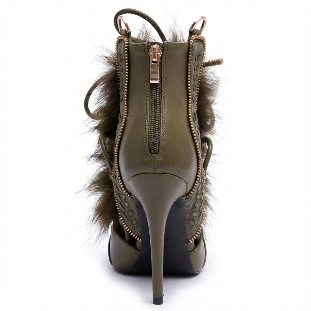 Bottine à talon vert Synthétique Femme - Santiags vertes, détails fourrure chic 3
